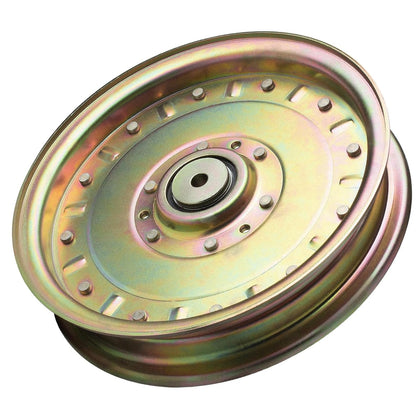 TENGMUJX idler pulley close-up showing durable steel build for mower longevity.