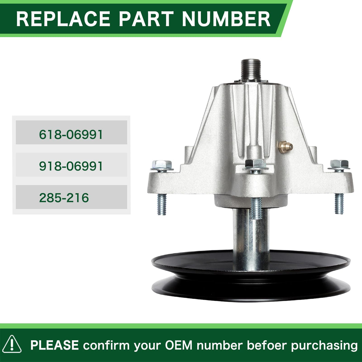 TENGMUJX spindle assembly compatible with MTD platforms for broad lawn tractor use.
