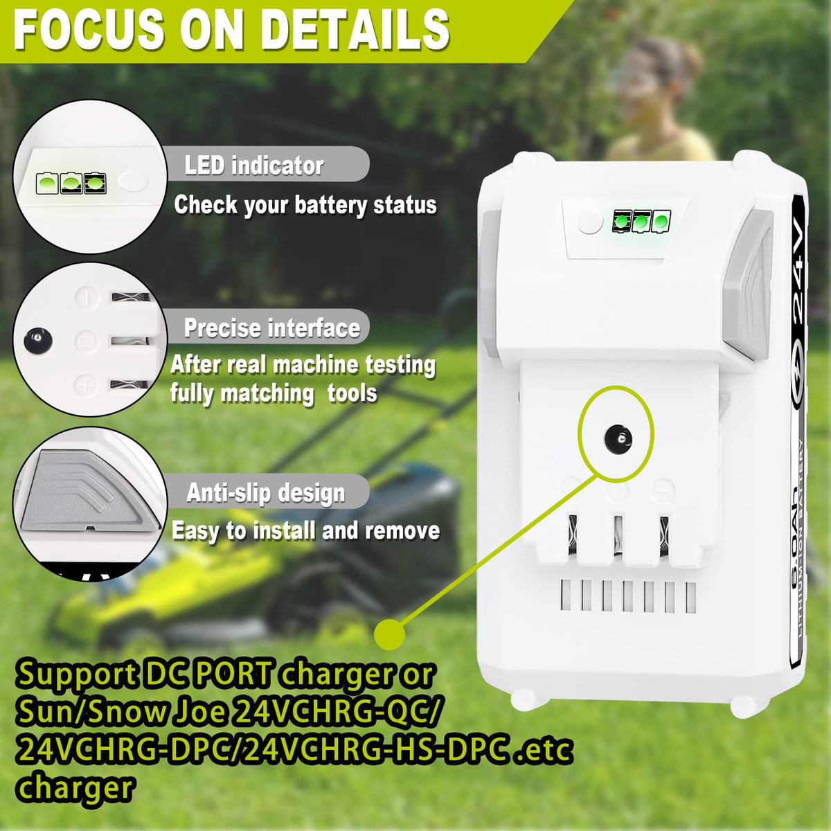 TenHutt lightweight 24V battery reducing fatigue during mowing.