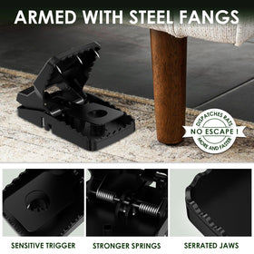 Tensland rat trap with three-sided serrated jaws for stronger grip.