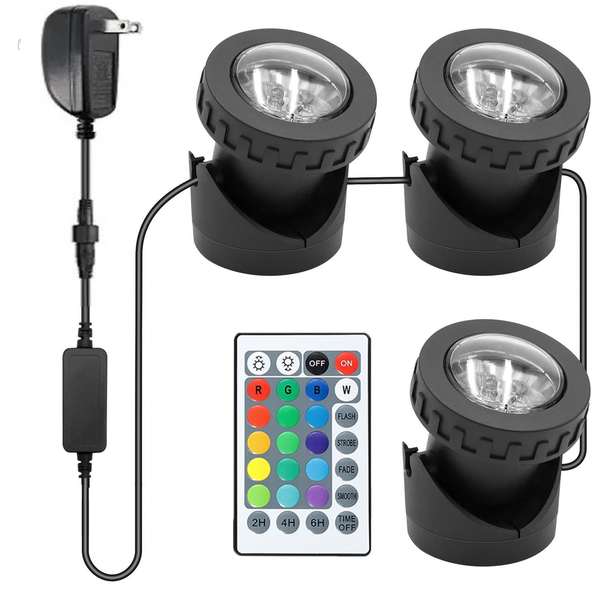 TENSUL underwater RGB pond lights create vibrant night ambiance.