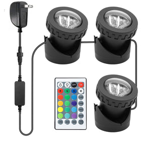TENSUL underwater RGB pond lights create vibrant night ambiance.