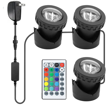 TENSUL underwater RGB pond lights create vibrant night ambiance.