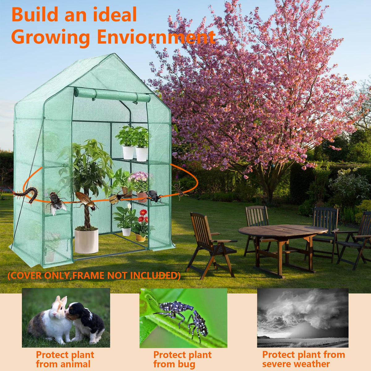 Tentopmic extended-edge cover anchored with stones to reduce heat loss.
