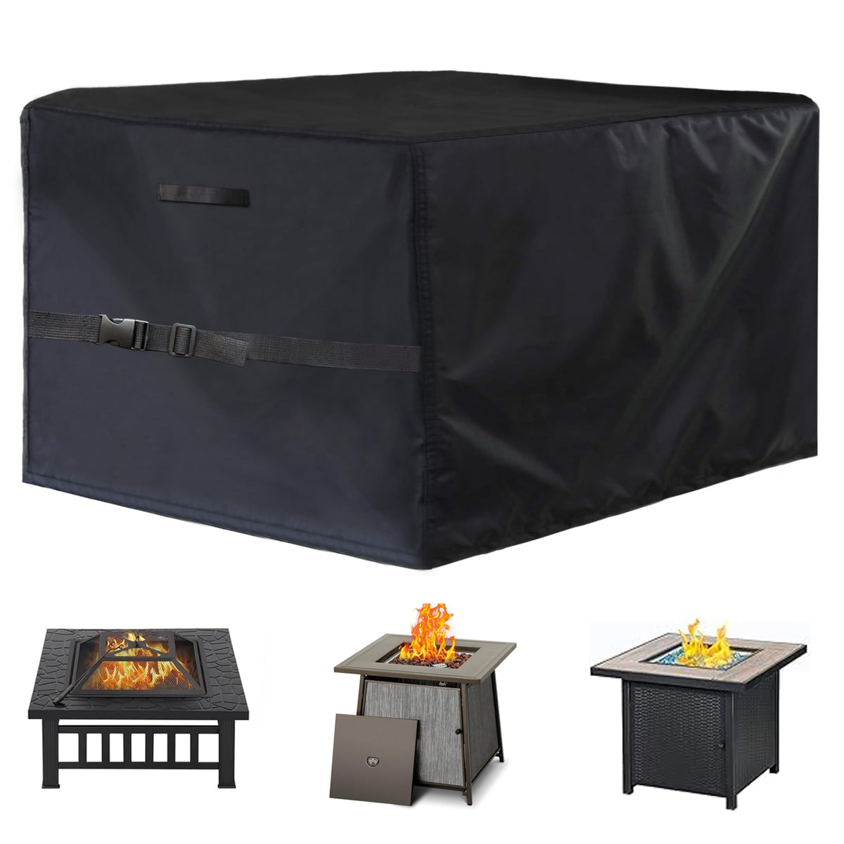 TENTVIA square fire pit cover front view with weather protection and debris shield.