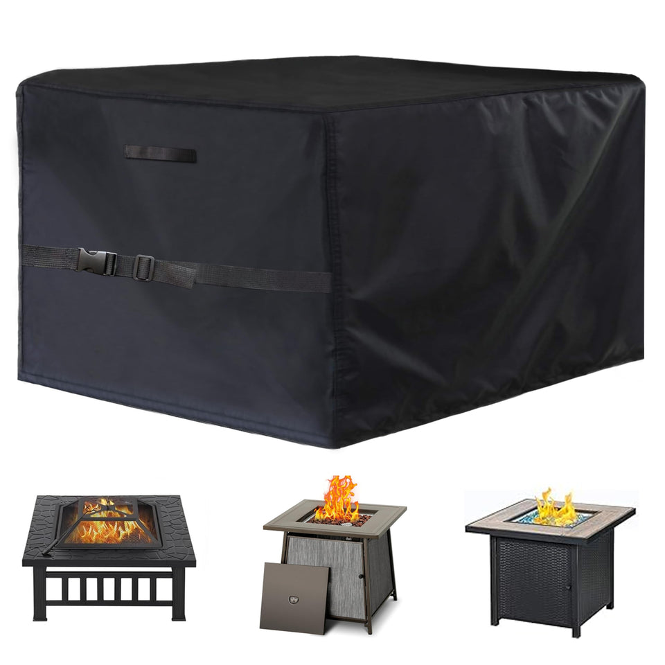TENTVIA square fire pit cover front view with weather protection and debris shield.