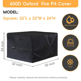 TENTVIA square fire pit cover showing side buckle strap for secure windproof fit.
