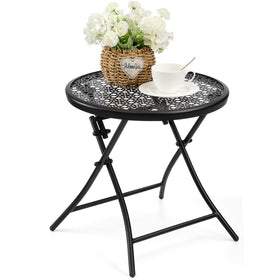 TeoKJ folding outdoor side table with sunflower-cutouts enhances patio style.