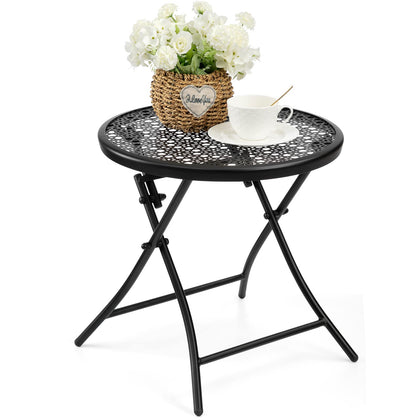 TeoKJ folding outdoor side table with sunflower-cutouts enhances patio style.