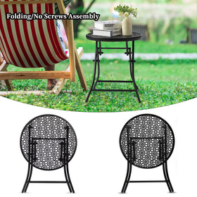 TeoKJ round metal patio table with crossed legs provides sturdy support for drinks.