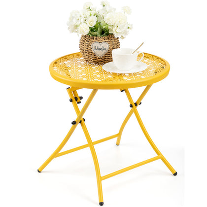 TeoKJ sunflower-design folding side table on patio for sunny snacking.