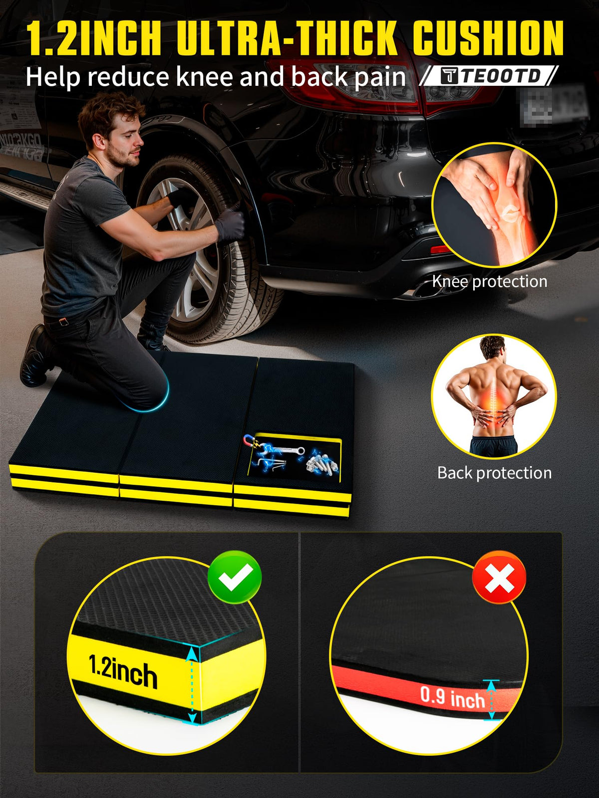 TEOOTD kneeling mat provides a wide 47.3 by 17.3 inch surface.