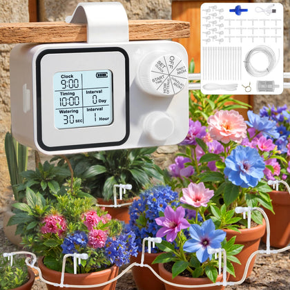Tepsmigo automatic waterer front view with timer for hands-free plant care.