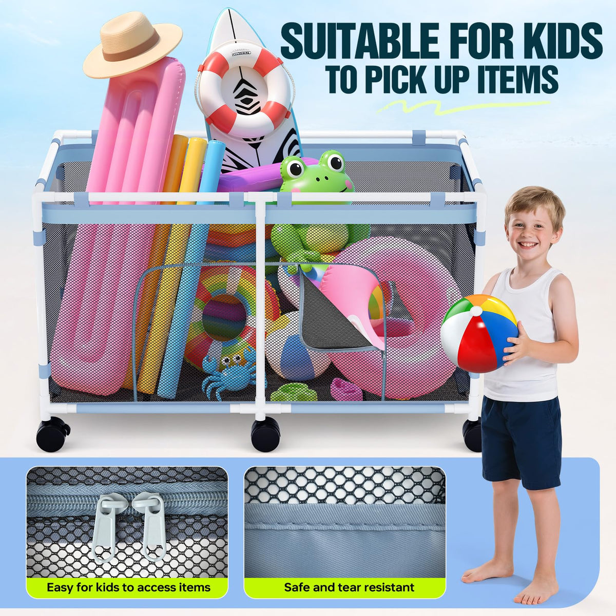 Tepsmigo pool storage double zipper design enables kid-friendly access.