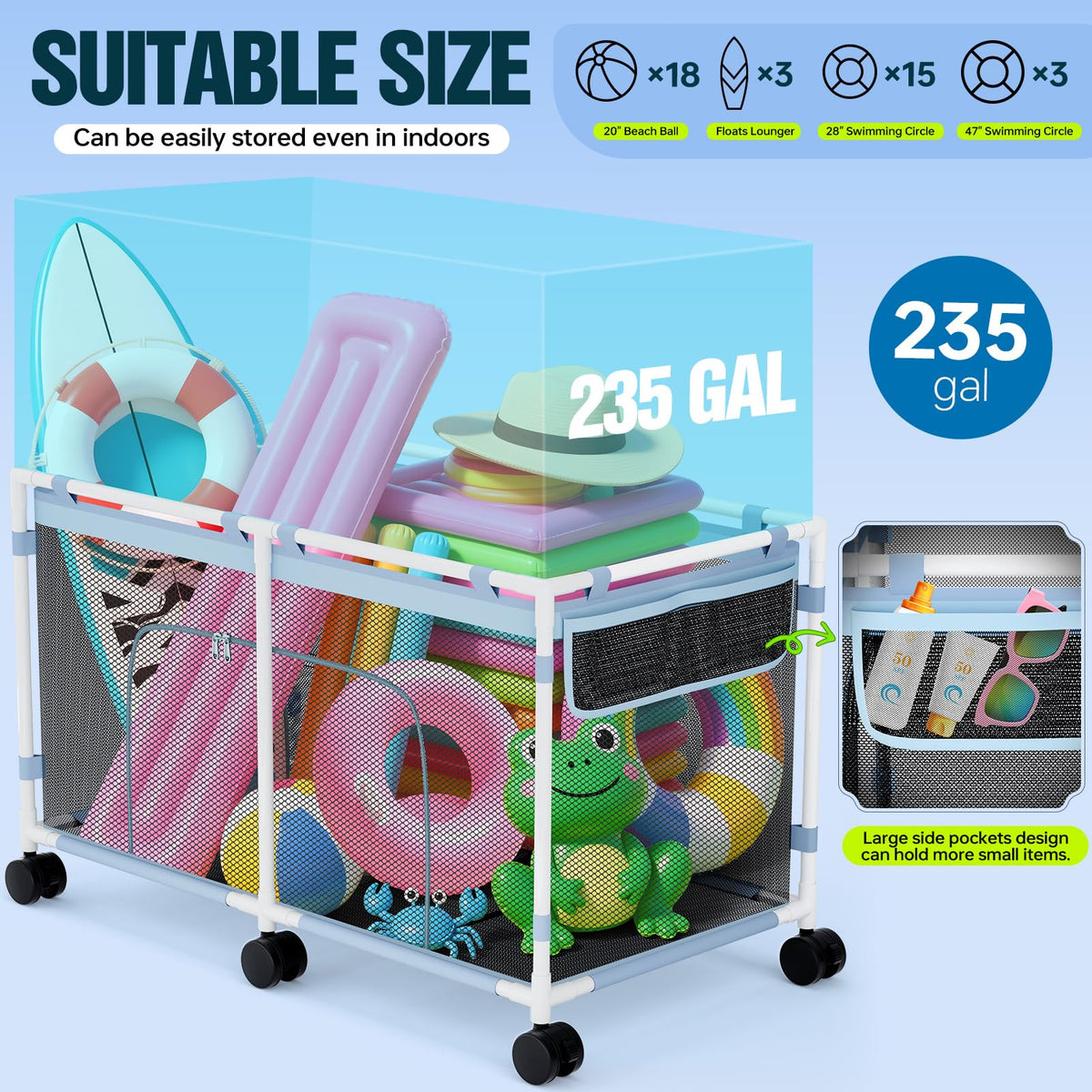 Tepsmigo pool storage side pocket keeps sunscreen and towels within reach.