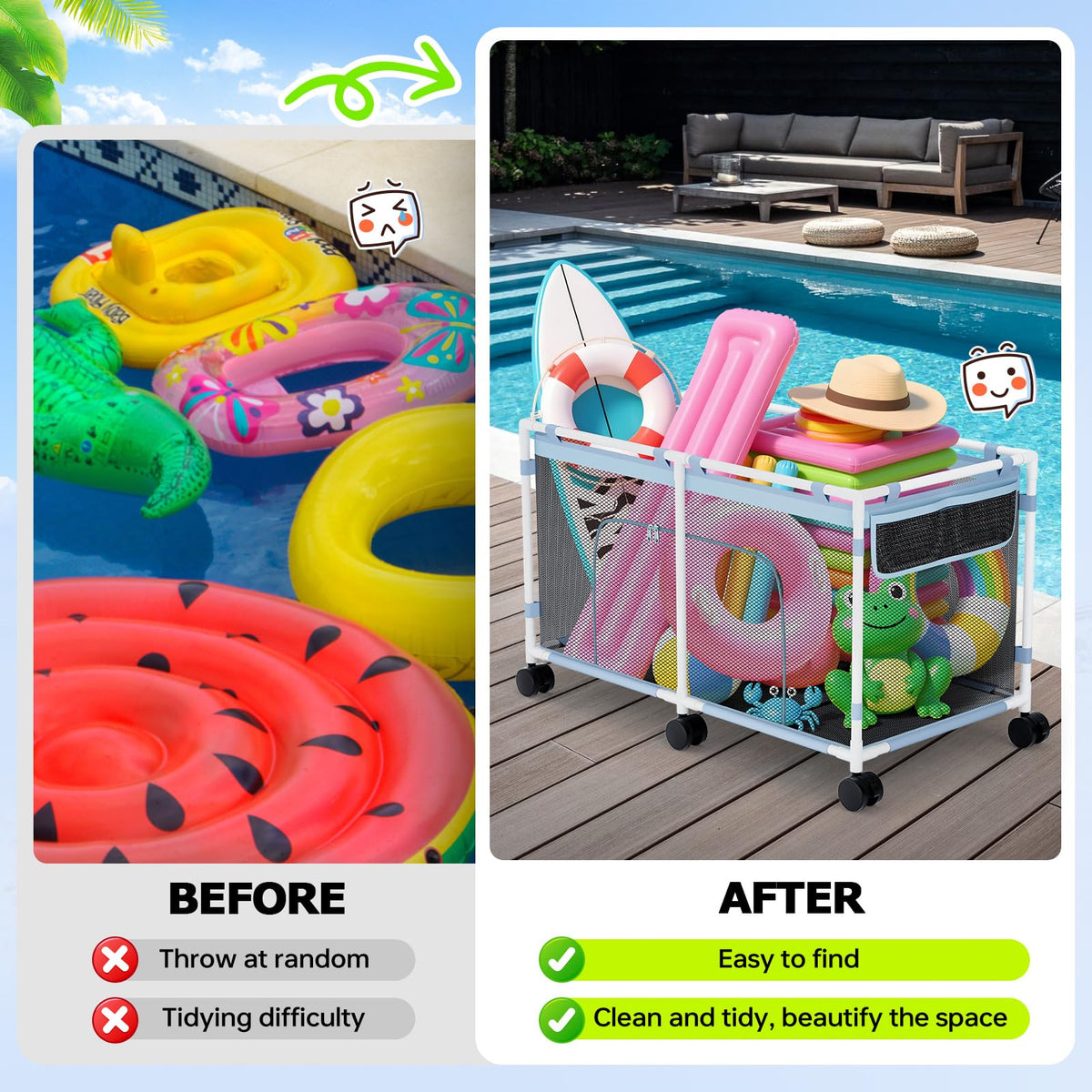 Tepsmigo pool storage weatherproof construction withstands sun and rain.