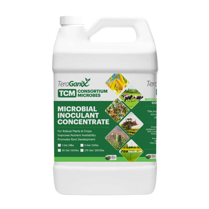 Teraganix TCM inoculant front label showing soil probiotic benefits for texture and drainage.