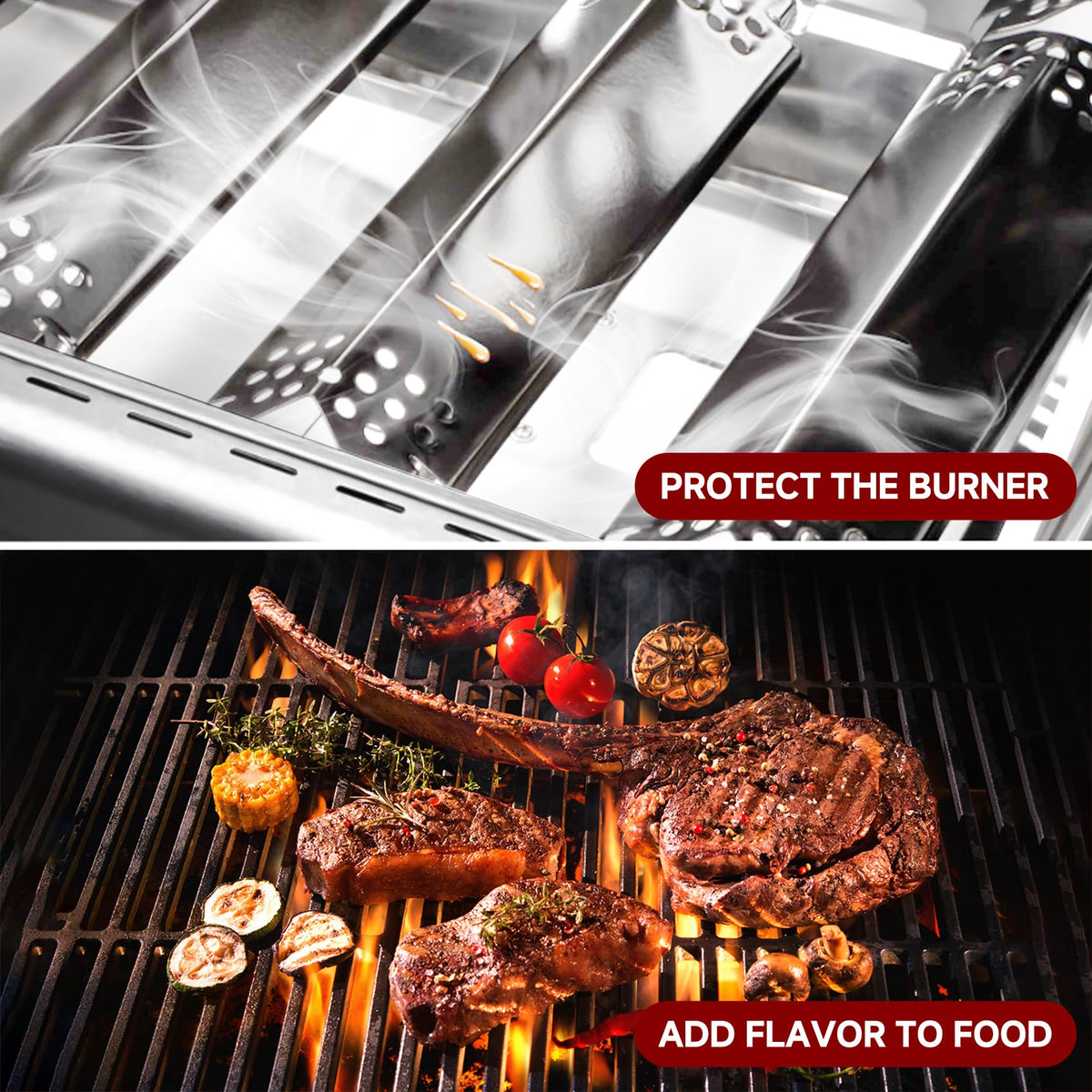 Terefour heat shields help minimize flare-ups during grilling.