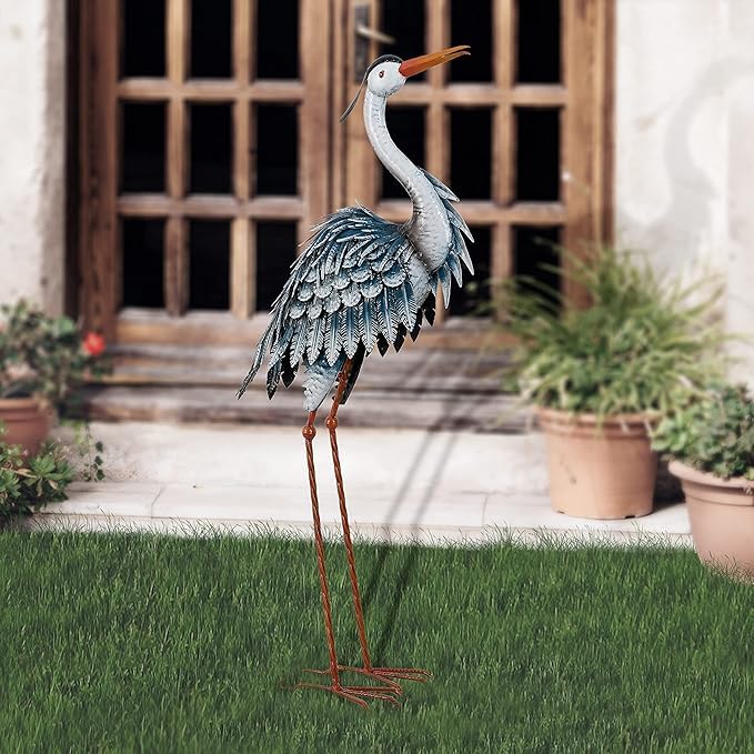 TERESA'S COLLECTIONS blue heron statue by the pond enhances tranquil garden scenery