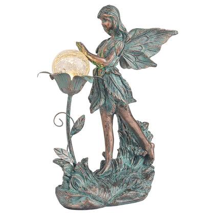 TERESA'S COLLECTIONS Garden Fairy bronze statue with glow globe enhances night garden ambiance