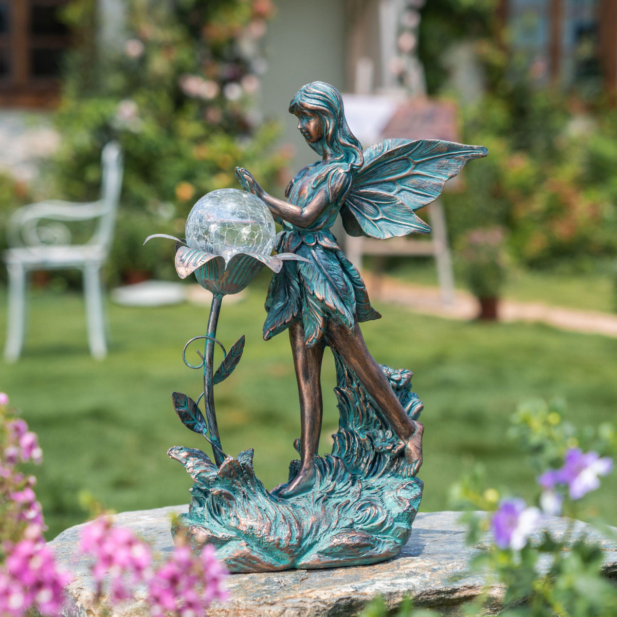 TERESA'S COLLECTIONS Garden Fairy bronze sculpture with solar activation for outdoor glow
