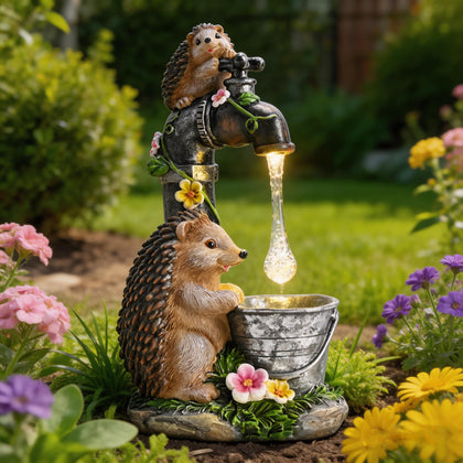 TERESA'S COLLECTIONS garden hedgehogs on faucet light for outdoor ambiance.