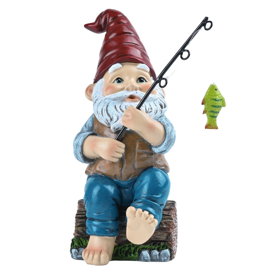 TERESA'S COLLECTIONS resin gnome with fishing pole enhances outdoor decor with playful charm.
