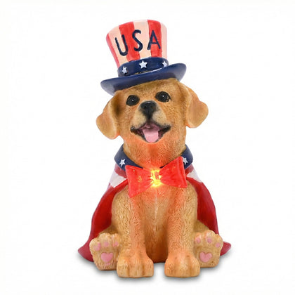 Teresa's Collections patriotic golden retriever statue with LED bow tie for outdoor display