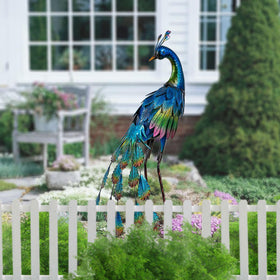 Teresa's Collections metal peacock feathers close-up highlights vivid hand-painted detail.