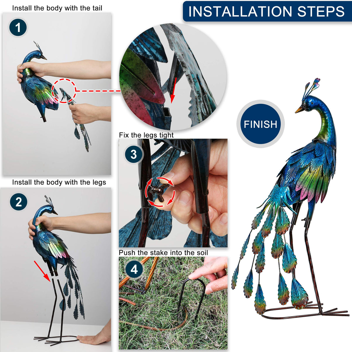 Teresa's Collections peacock statue with stakes enables stable outdoor installation.