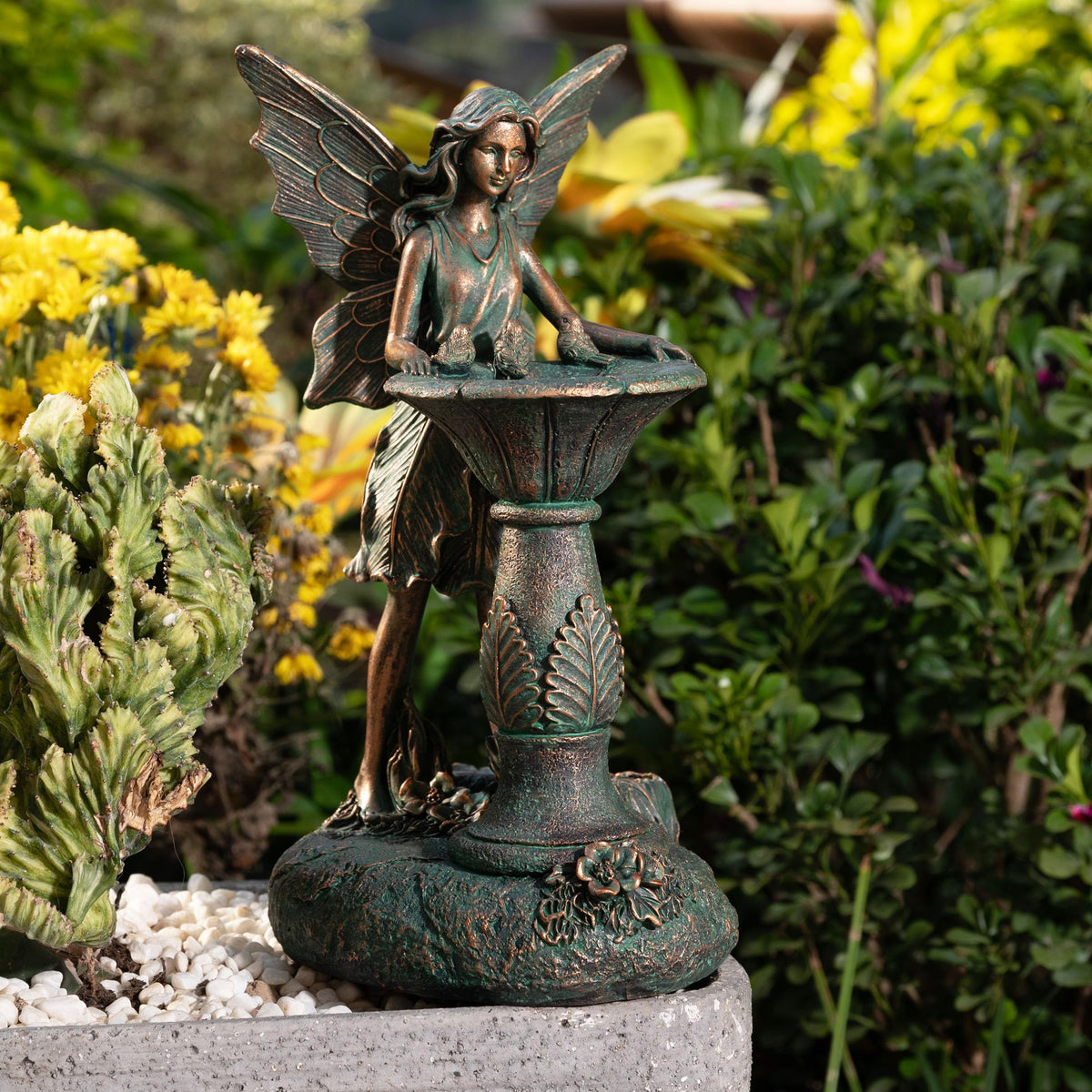 Durable resin withstands outdoor weather while preserving color and form over time.