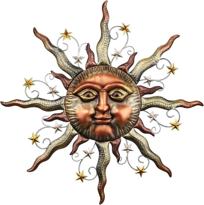 TERESA'S COLLECTIONS sun face bronze wall art adds celestial charm to outdoor spaces.