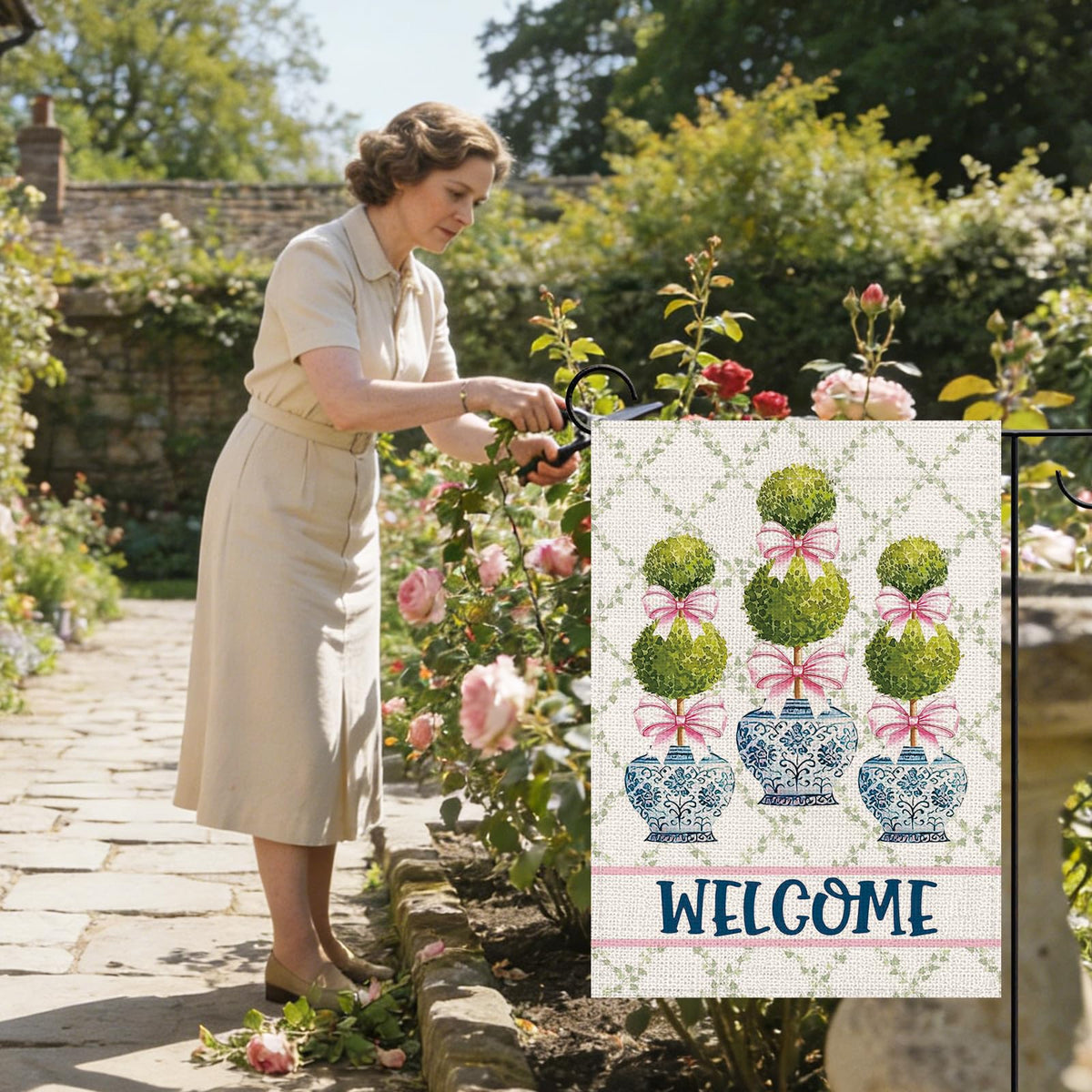 Terkki Chinoiserie Topiary Welcome flag, blue-and-white porcelain motif, elegant yard accent.
