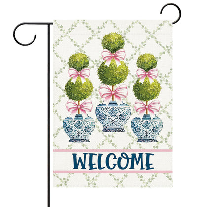 Terkki Chinoiserie Topiary Welcome flag, front view, vibrant outdoor décor for patios and gardens.