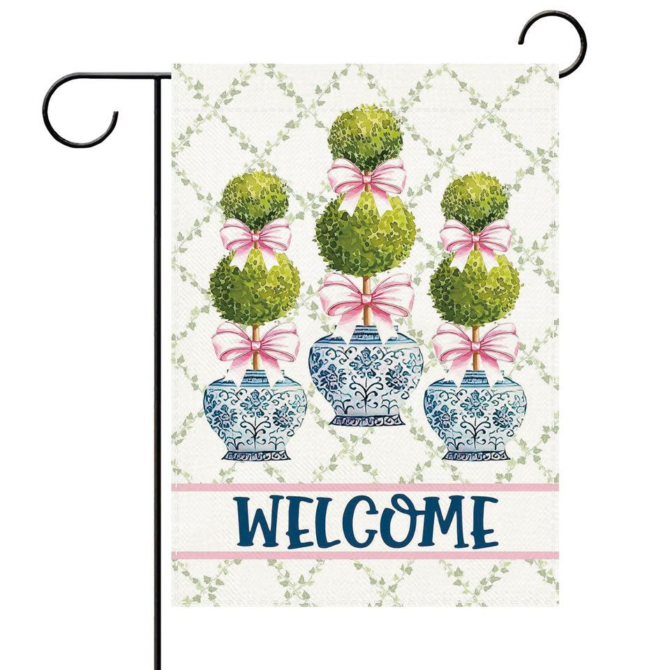 Terkki Chinoiserie Topiary Welcome flag, front view, vibrant outdoor décor for patios and gardens.