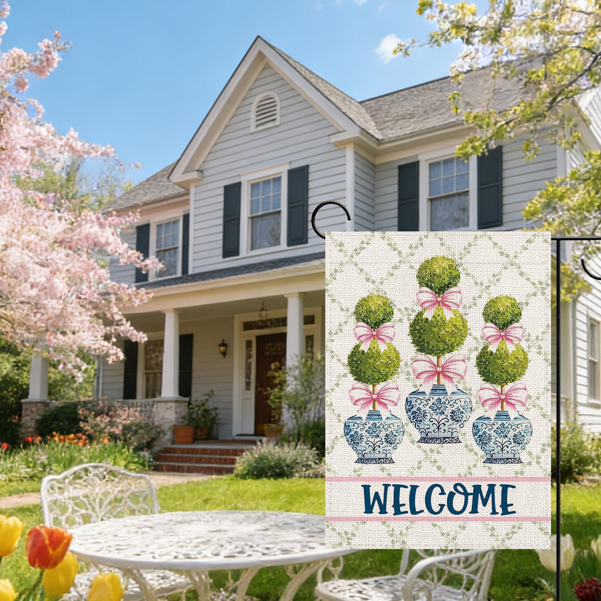 Terkki Chinoiserie Topiary Welcome flag, outdoor placement ready, easy porch or fence decoration.