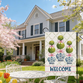 Terkki Chinoiserie Topiary Welcome flag, outdoor placement ready, easy porch or fence decoration.