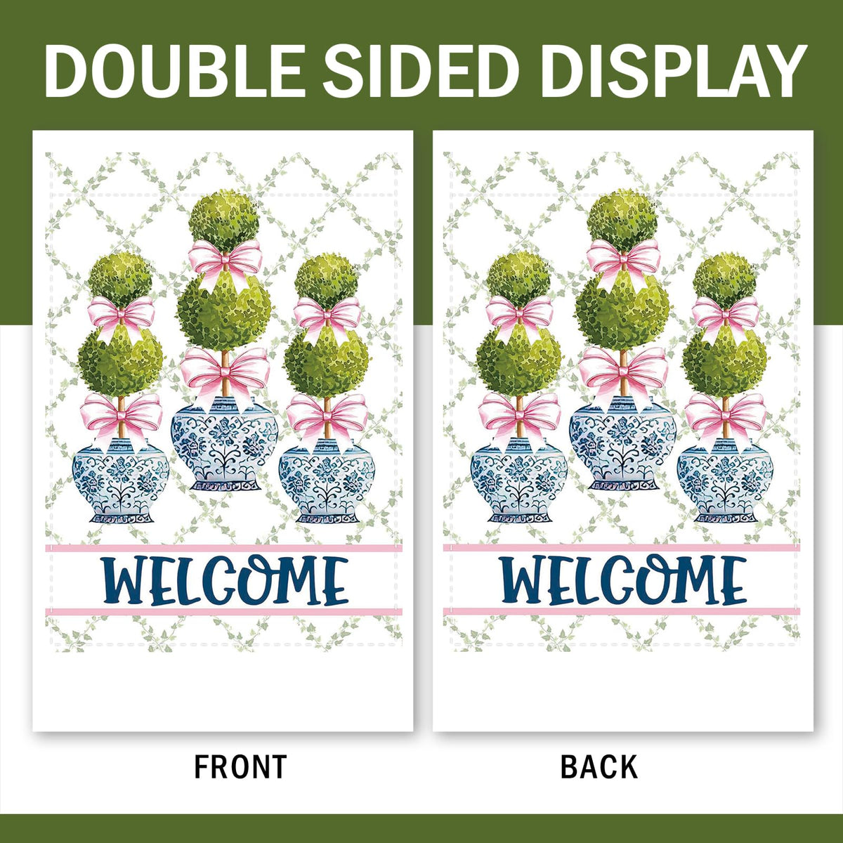 Terkki Chinoiserie Topiary Welcome flag, pink bow detail, charming gift for garden lovers.