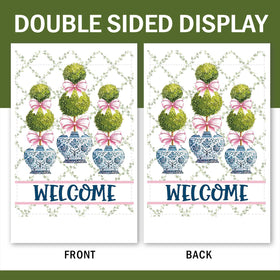Terkki Chinoiserie Topiary Welcome flag, pink bow detail, charming gift for garden lovers.