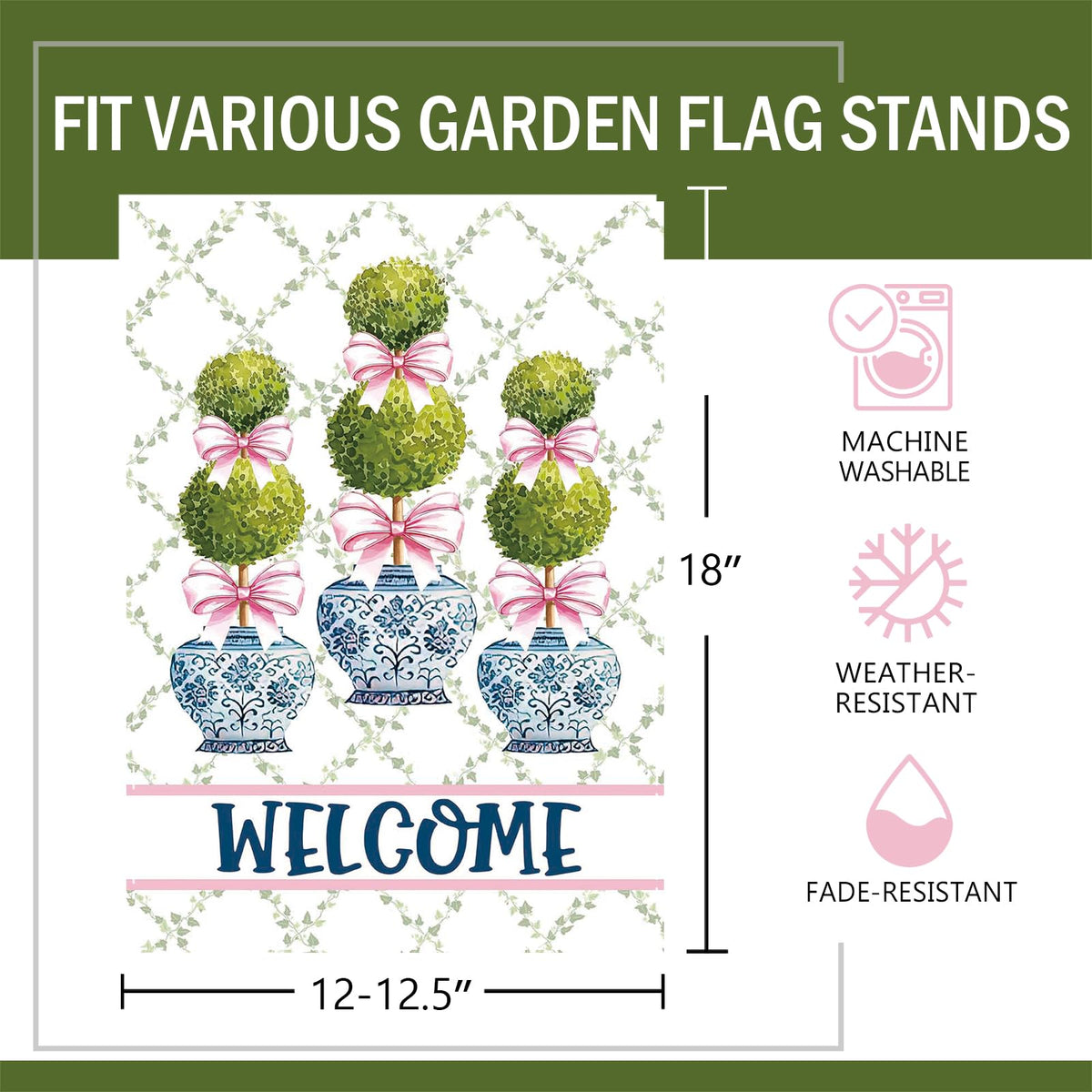 Terkki Chinoiserie Topiary Welcome flag, side view, double-sided artistry for porch displays.