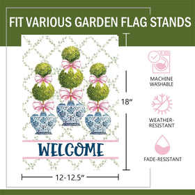 Terkki Chinoiserie Topiary Welcome flag, side view, double-sided artistry for porch displays.