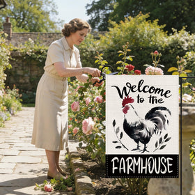Terkki Farmhouse Rooster flag on porch; rustic charm enhances decks, patios, and entryways.