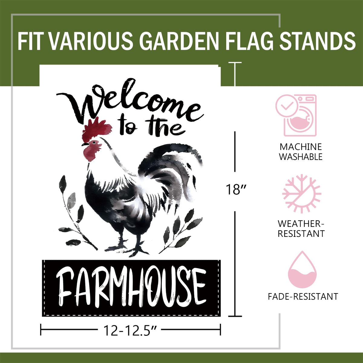 Terkki Farmhouse Rooster flag side detail; double-sided print improves visibility from any angle.