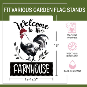 Terkki Farmhouse Rooster flag side detail; double-sided print improves visibility from any angle.