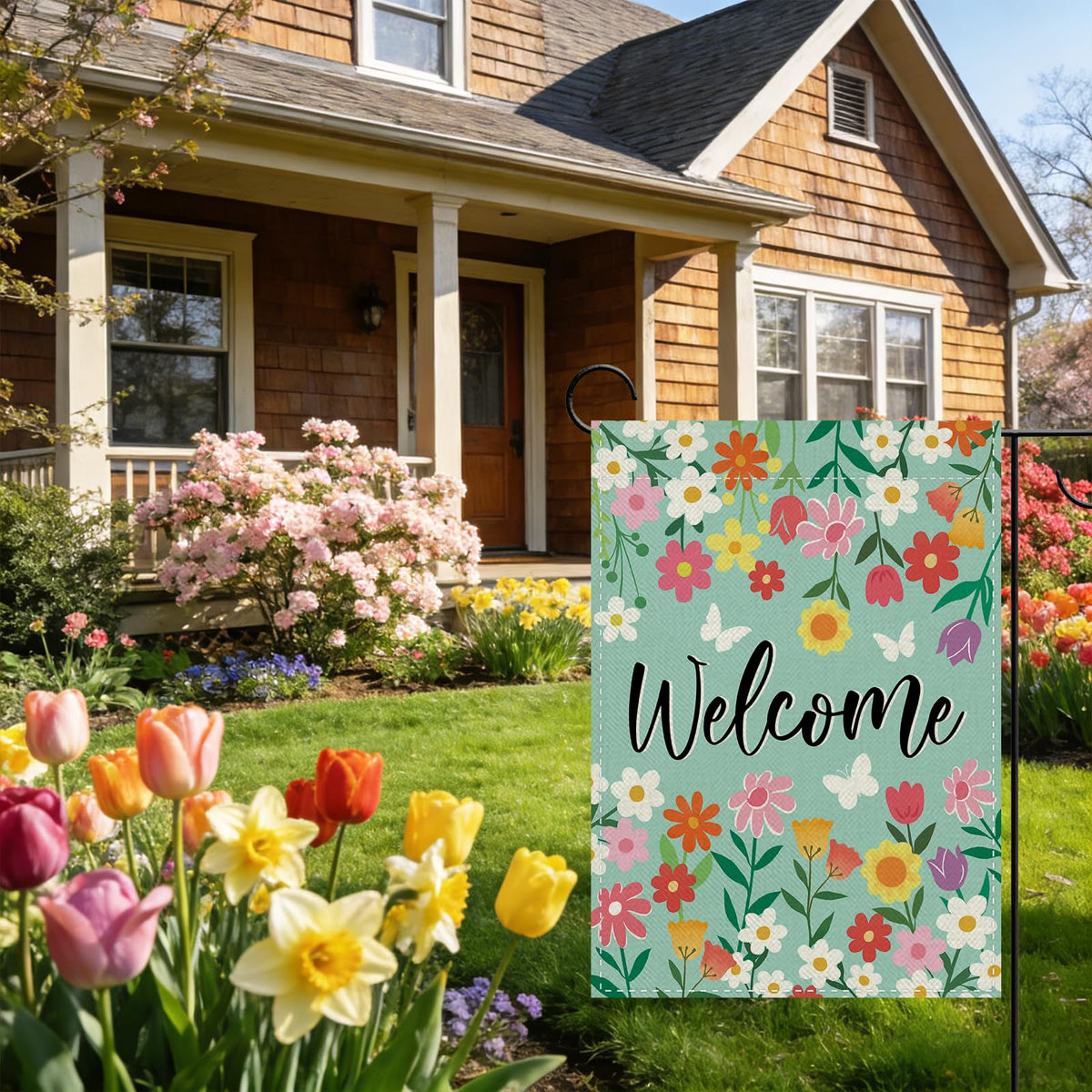 Terkki compact 12x18 flag adds decorative touch to small patios and entryways.