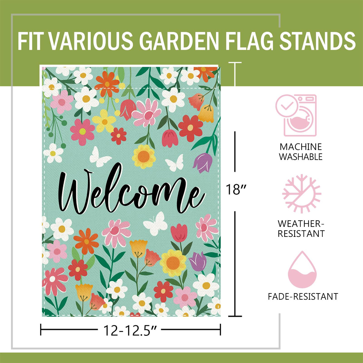 Terkki butterfly-flower motif flag enhances outdoor ambiance and curb appeal.