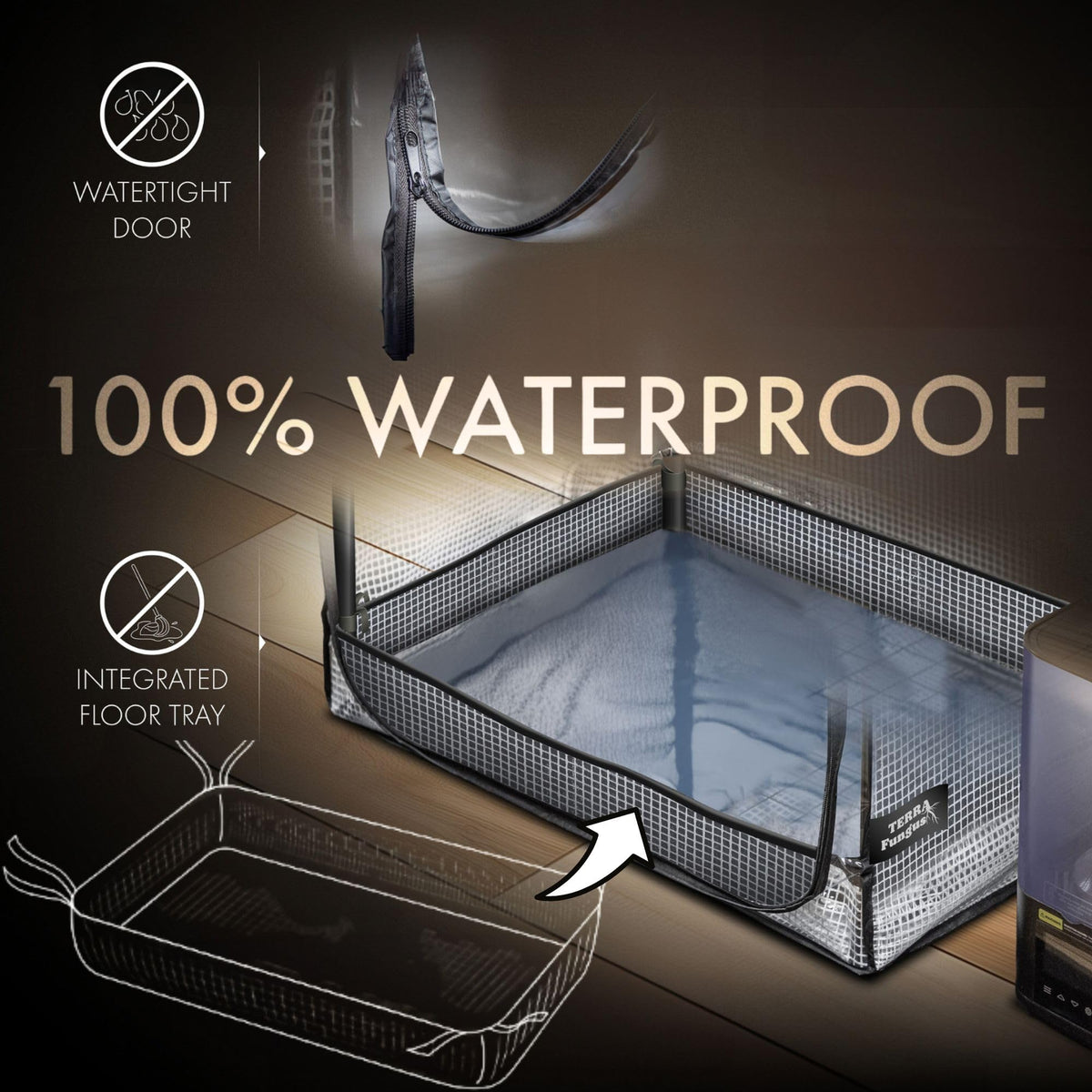 Terra Fungus Martha Tent accessories view illustrates setup flexibility with humidifier and fans