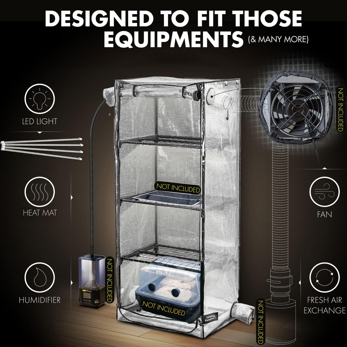 Four-tier internal shelves maximize space for monotubs in Terra Fungus Martha Tent