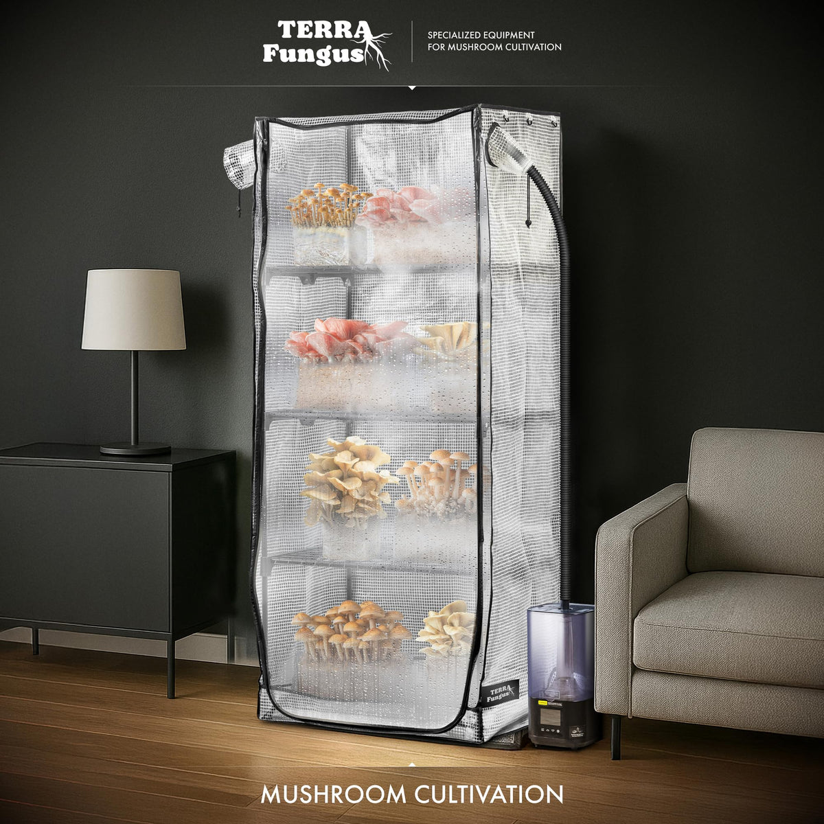 Terra Fungus Martha Tent side view highlighting portable design for home projects