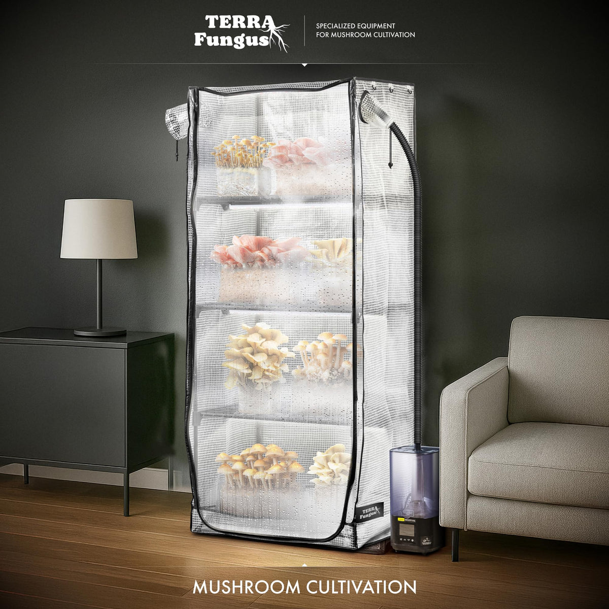 Waterproof base tray keeps humidity contained inside Terra Fungus Martha Tent